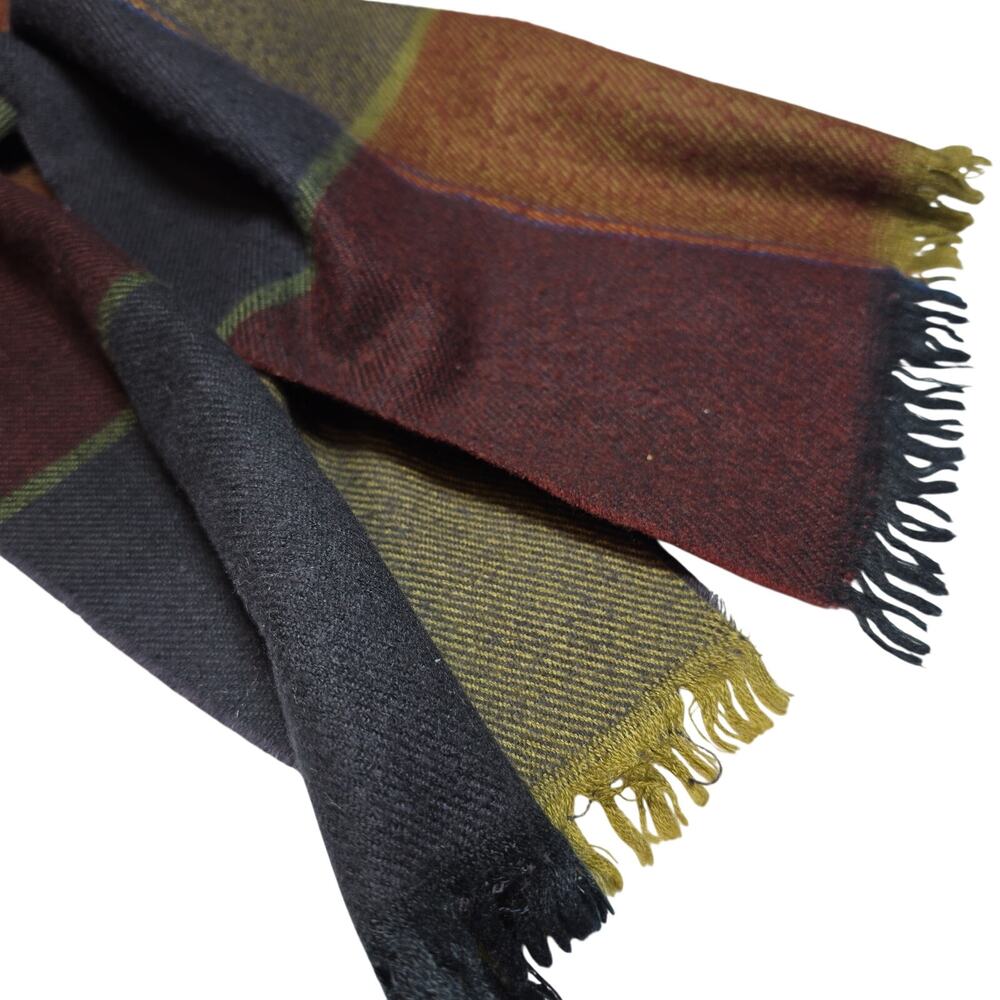 Vintage Wool Tartan Scarf Fringed Navy Blue Burnt Brick Burgundy Olive Green
